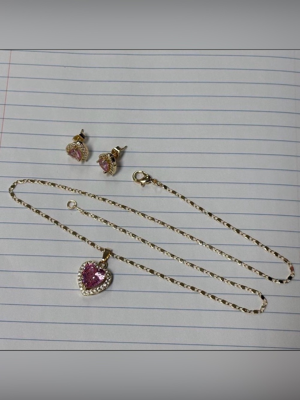 Gold-Tone Heart Pendant Necklace with Pink Stone and Matching Earrings
